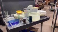 (2) TOTES - PIE PLATES, LOAF PANS, TUPPERWARE, VASES