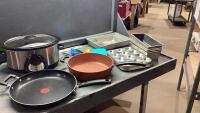 LIDDED TOTE WITH SLOW COOKER, BAKING PANS, FRYPANS, KITCHEN UTENSILS
