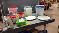 (2) BOXES- IRON, TUPPERWARE, PLASTIC STORAGE CONTAINERS, CORELLE PLATTERS