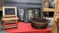 BOX W/ ROUND WICKER BASKE, PICTURE FRAMES, (2) SMALL WOOD SHELVES