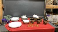 BOX OF MUGS, SHOT GLASSES, CORELLE PLATES & BOWLS