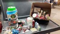 BOX OF CRAFTING ITEMS - KIDS CRAFT JAR, RIBBON STYROFOAM BALLS,STICKERS, JUTE