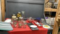 BOX OF KITCHEN ITEMS - STORAGE JARS, CHIP N' DIP BOWL, CANNING JARS, CUSHION