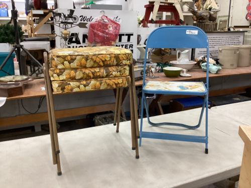 ONE CHILDS FOLDING CHAIR AND 3 STACKING STOOLS