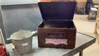 VINTAGE RADIO (NO RADIO)CABINET + METAL CALF FEED BUCKET