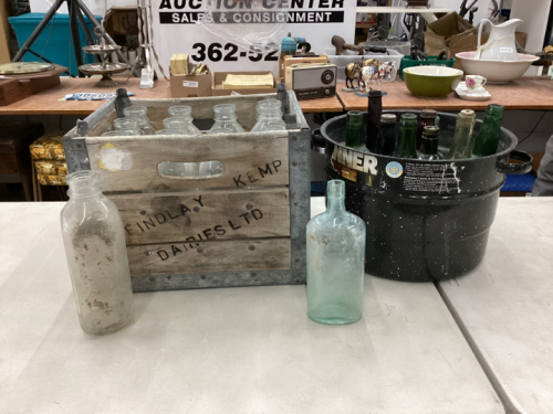 2 CONTAINERS OF OLD MILK BOTTLES AND BOTTLES