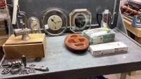 MEAT GRINDER, VINTAGE COOKIE PRESS, CLOCKS, ELECTIRIC COFFEE POT, SEALER BAGS