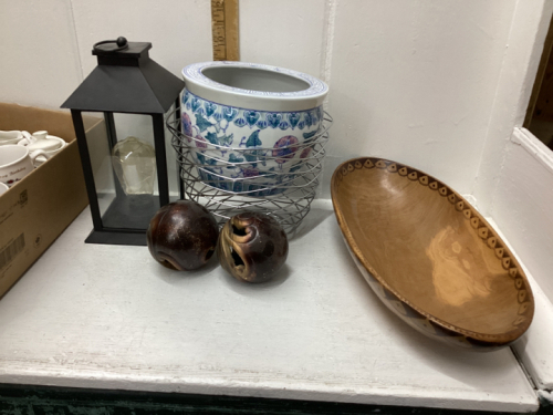 2 BOXES - LANTERN, WOODEN BOWL , COFFEE MUGS