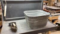 GALVANIZED WASH TUB, SMALL CAST FRYPAN, OLD ELECTRIC IRON