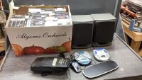 (2)BOXES -(2)SANYO SPEAKERS, DISCMAN, CHARGING PAD, MOUSE, VHS MOVIES