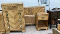 VINTAGE DOUBLE HEADBOARD/FOOTBOARD, END TABLE AND 4-DRAWER DRESSER