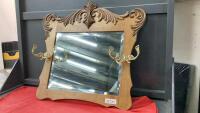 VITNAGE WALL MIRROR W/ BRASS HOOKS AND WOOD DETAILING ON TOP