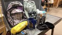 BOX WITH (2) BACKPACKS, ANCHOR, GO CUPS, WASP TRAP