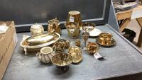 BOX OF CHINA PIECES WITH LOTS OF GOLD COLOUR ACCENT