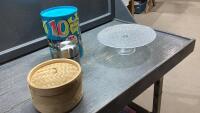RAISED CAKE PLATE, STEAMER BASKET, SMALL THERMOS + PUZZLES
