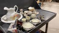 BOX WITH VARITY OF CHINA PIECES , PITCHER(BIG CHIP) + BASIN