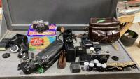 BOX OF VINTAGE CAMERAS AND ACCESSORIES