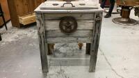 RUSTIC WESTERN THEME COOLER W/ GARDENING ITEMS AND HORSESHOE PIG