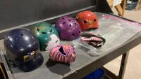 BOX WITH (3) SKATEBOARD HELMETS + (1) BASEBALL HELMET, BALL GLOVES