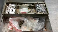 METAL TOOLBOX WITH NAILS AND MISC HARDWARE