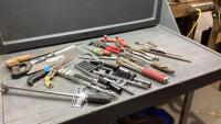BOX WITH BACKSAW, SOCKETS, SCREWDRIVERS, STAPLER