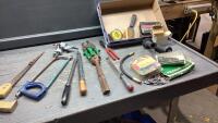 BOX WITH ASSORTED TOOLS - HACKSAW, FILE, TAPE MEASURE