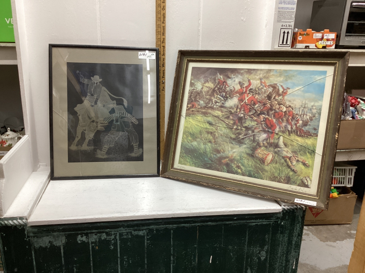 2 OLD FRAMED PICTURES -BUNKER HILL ADVANCE BULL RIDER