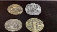 (4) HESSTON BELT BUCKLES - 1980-1982 AND (1) 25TH ANNIVERSARY