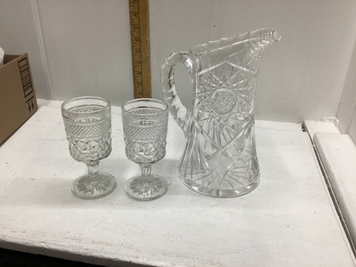 CRYSTAL PITCHER AND 4 WATER GOBLETS