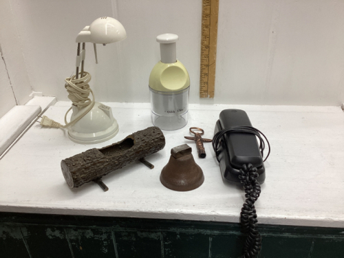 BOX WITH OLD TELEPHONE, BELL, LAMP