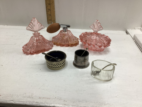 OLD PERFUME BOTTLES, TRINKET JAR, 3 SALT BOWLS W/SPOONS