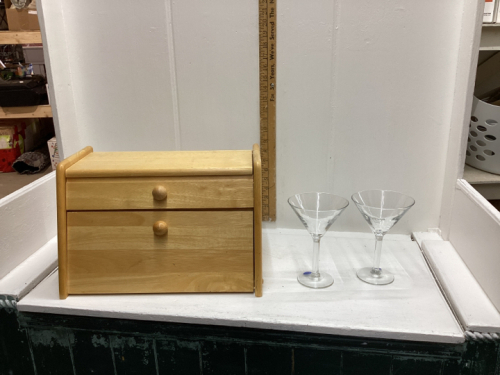 WOODEN BREAD BOX AND A BOX OF MARTINI GLASSES