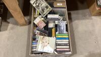 BOX W/CD&rsquo;S, VHS, CASSETTES, DVD&rsquo;S