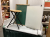 FOLDING STOOL, CHALK BOARD AND WHITE BOARD