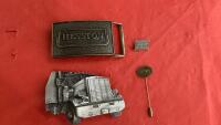 HESSTON BELT BUCKLE AND (2) PINS & SEMI TRUCK BUCKLE