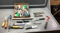 FLAT W/SCREWDRIVERS, PLIERS, SAW, WIRE BRUSH , ADJUSTABLE WRENCH