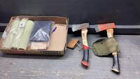 FLAT WITH (2) HATCHETS, PAINT ROLLERS,POST CAP