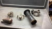 BOX OF 6 VOLT HORNS, FAN, TAIL LIGHT, AND A HOOD ORNAMENT
