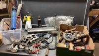 BOX + TOTE WITH - HAMMERS, HACKSAW, CLEANING GUN, ROUTER + DRILL BITS