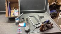 BOX W/ HACKSAW, STAPLER, STANLEY HAND PLANE, CHALK LINE