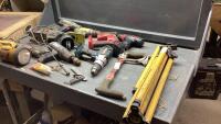 CRATE W/GRAY HACKSAW, MAKITA CORDLESS DRILL 18V, SKIL JIGSAW