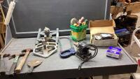 BOX WITH HAMMERS, SCREWDRIVERS, CRAFTSMAN PALM SANDER, ELECTRIC FENCER