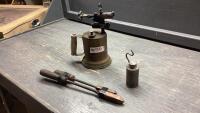 VINTAGE BLOW TORCH WITH 2 SOLDERING IRONS + SMALL OILER