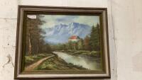 MOUNTAIN SCENE OIL PAINTING ON CANVAS - WOOD FRAME