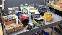 WELDING HELMET, THROTTLE CABLES, BIKE TIRE, SMALL SUBMERSIBLE PUMP