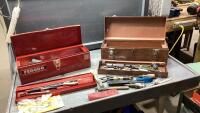 (2) TOOL BOXES - RED AND A BROWN - WITH SOME CONTENTS