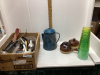 2 BOXES - ENAMEL COFFEE POT, ONION SOUP BOWLS, MUGS, GLASSWARE,