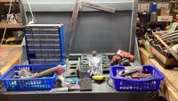 TOTE W/SMALL EMPTY BOLT BIN, BOLT BIN W/BOLTS + WASHERS, B+D SANDER, MITRE BOX,