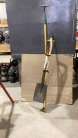 BUNDLE OF YARD TOOLS - HOE, WALKING STICK, SMALL SQUARE NOSE SHOVEL