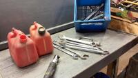 (2) SMALL JERRY CANS, WRENCHES, FAT MAX AIR RATCHET